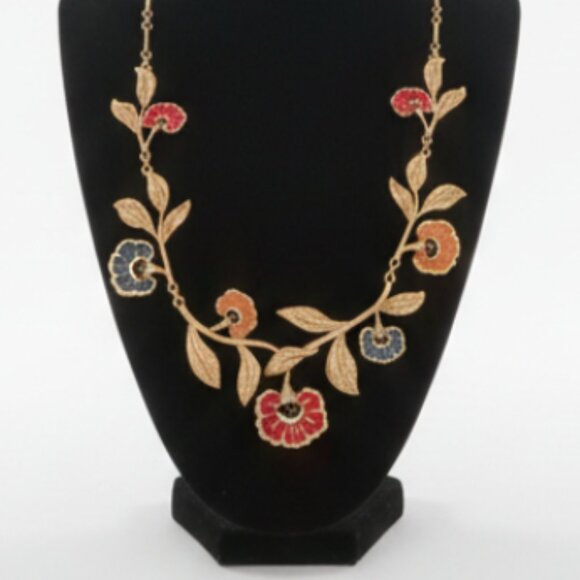 Statement necklace. Gold-tone botanical/floral necklace with red and blue enamel - Picture 3 of 3